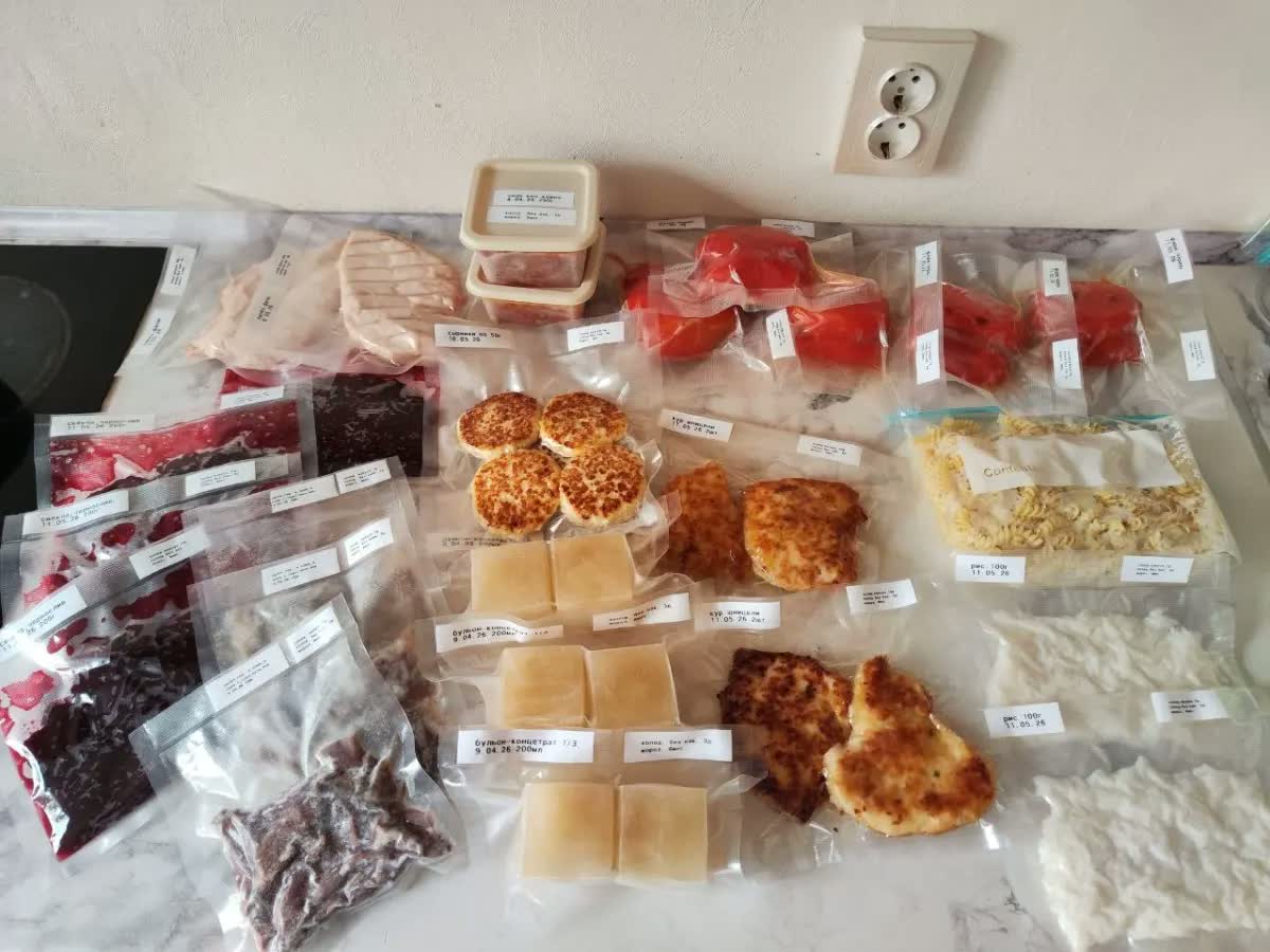 Подписанные вакуумные заготовки: сырники, бульон, перец, рис